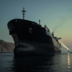 Oil tanker sailing without lights at dusk through a rocky strait, with a distant lighthouse beam across the water