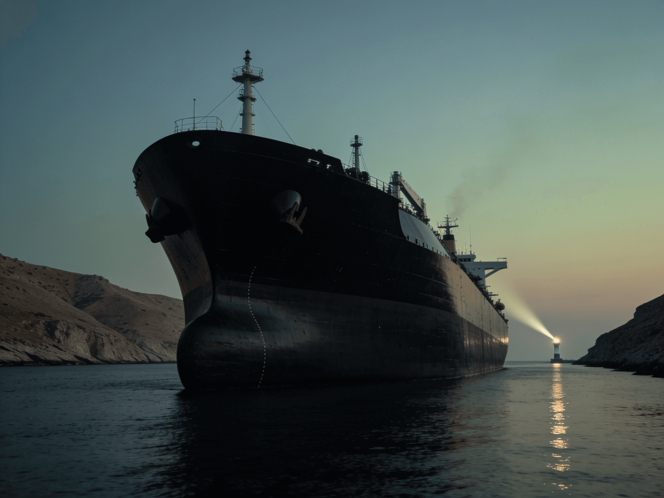 Oil tanker sailing without lights at dusk through a rocky strait, with a distant lighthouse beam across the water