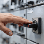 Hand reaching for a power switch, representing the decision to take a system offline during a cyber incident