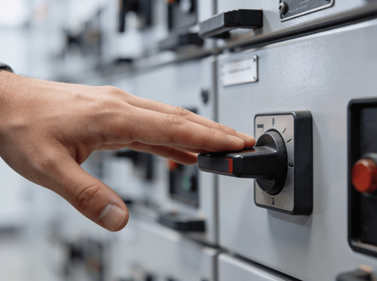 Hand reaching for a power switch, representing the decision to take a system offline during a cyber incident