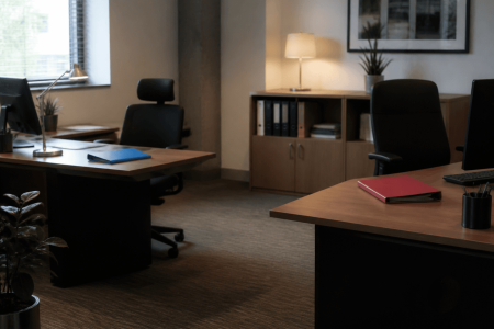 An empty office with two desks, coloured document binders, and a shelving unit