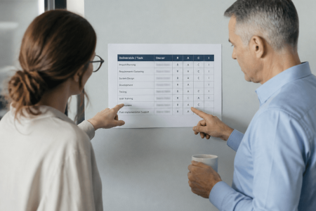 Two colleagues reviewing a RACI chart outlining project roles and responsibilities