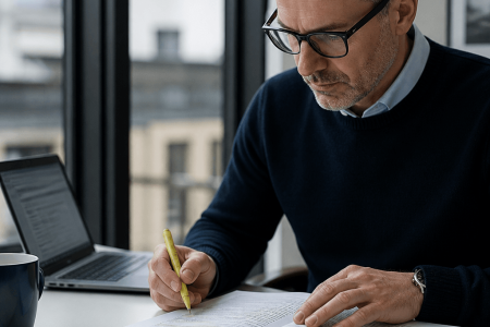 Consultant highlighting a passage in a printed reference document at his desk