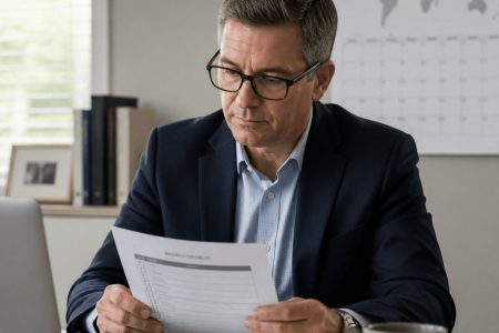 Consultant reviewing a printed project checklist at his desk