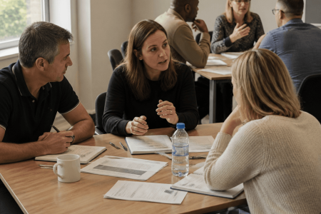 Small groups in discussion around workshop tables during a training session