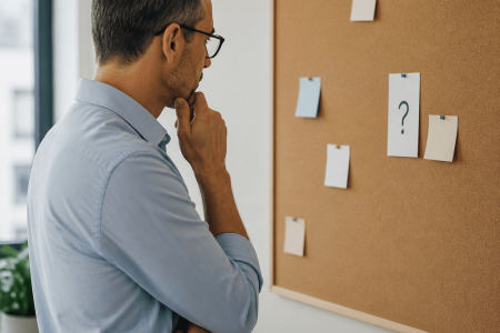 Person thoughtfully considering blank notes and a question mark pinned to a corkboard