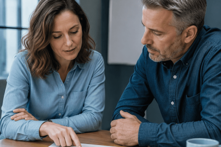Two colleagues discussing a printed document together during a consultation