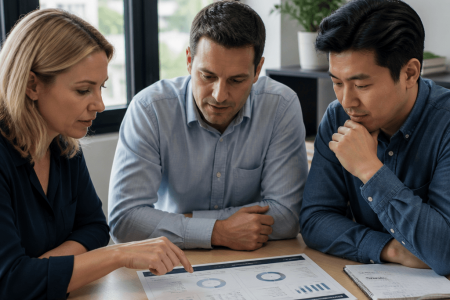 Three colleagues discussing charts and data on a printed risk assessment report