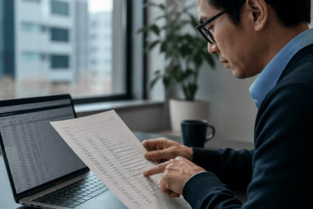 Analyst comparing a printed data report against figures on a laptop screen