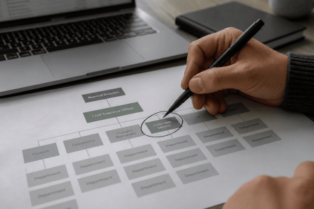 Person circling a department on a printed organisational chart during a business impact analysis