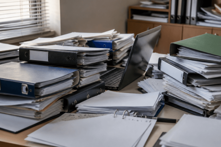 Desk overwhelmed with paper binders and stacked documents