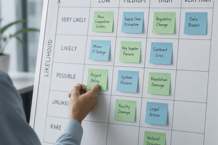 Hand pointing to a risk matrix whiteboard plotting risks by likelihood and impact