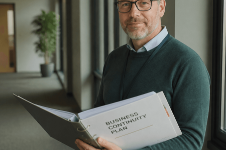 Consultant in an office corridor reviewing a printed Business Continuity Plan binder