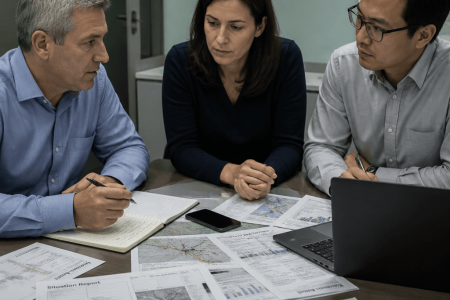 Three colleagues discussing maps and a situation report during a crisis management team meeting