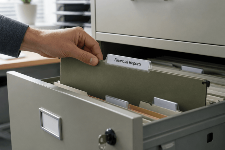 Hand retrieving a labelled Financial Reports folder from a locked filing cabinet