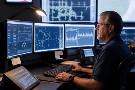 Operations centre analyst monitoring live network and infrastructure dashboards across multiple screens