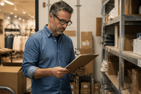 Store manager checking stock levels against a clipboard in a retail storeroom