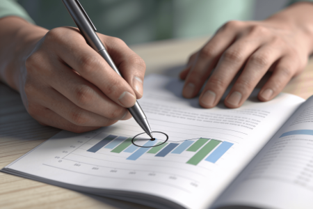 A hand holding a pen and circling one bar on a printed bar chart in an open report, with the other hand resting on the page.